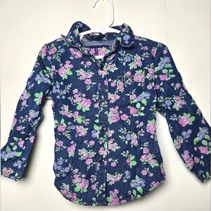 Guess Girls Navy Floral Button-Down Shirt with Pink & Green Flowers